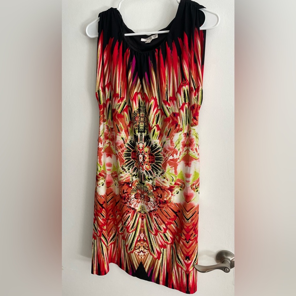 Kenar Vibrant Red and Green Patterned Mini Dress